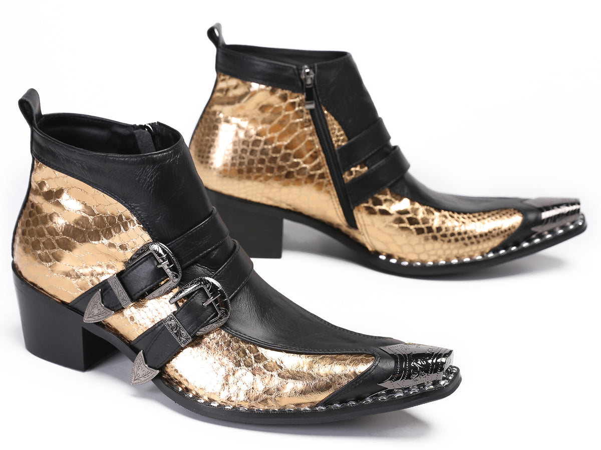 Mens Genuine Leather Double Buckle Rock Singer Ankle Western Boots