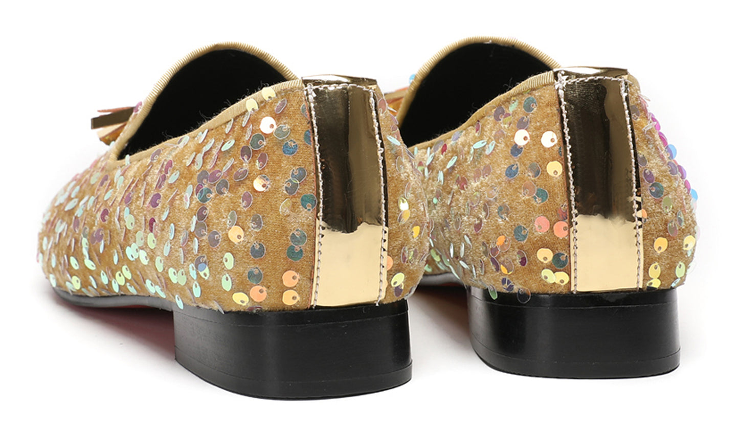 Mens Glitter Sequins Tassels Prom Party Western Loafers