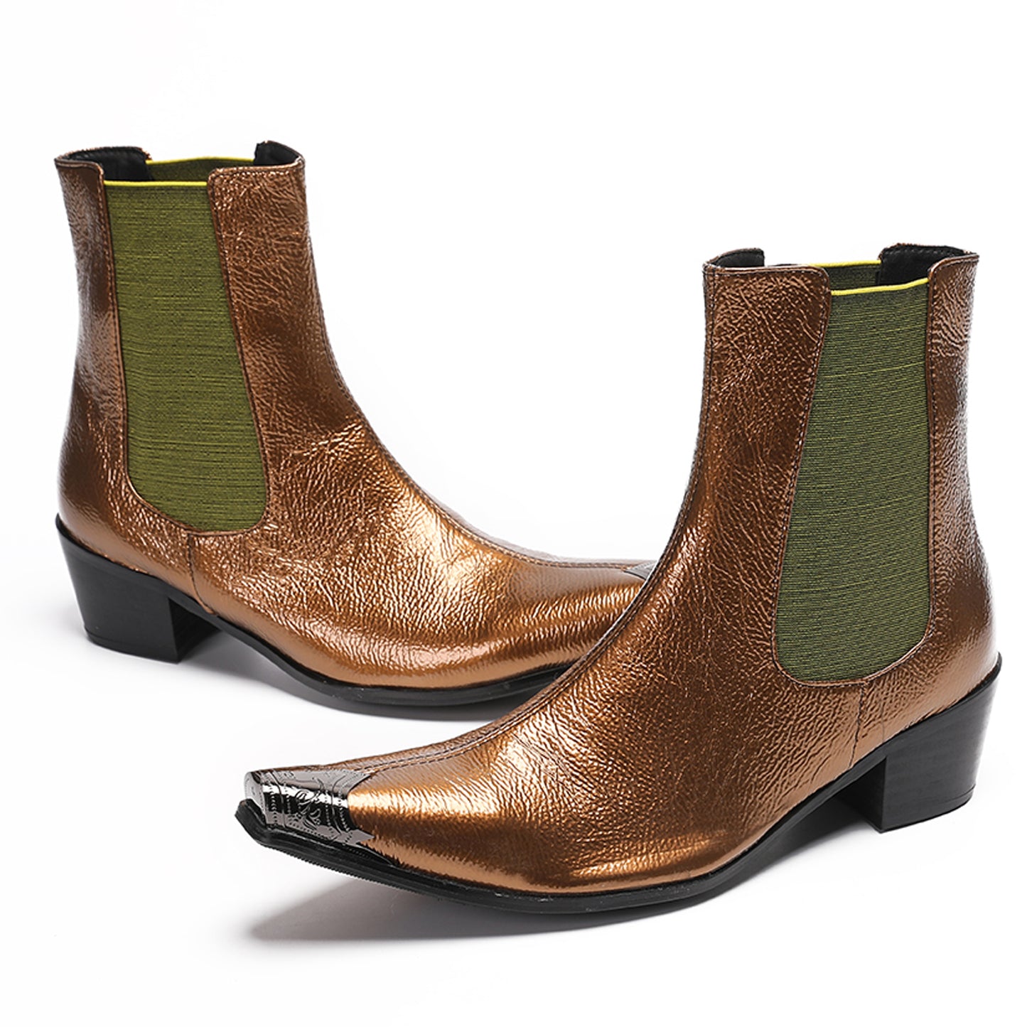 Mens Metallic Pointed Toe Leather Dress Chelsea Boots
