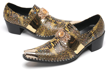 Mens Snakeskin Leather Metal Pointed Toe Chunky Heel Western Loafers