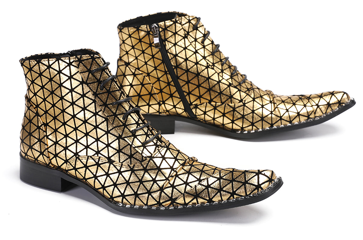 Mens Genuine Leather Colorful Plaid Gold Cowboy Western Boots
