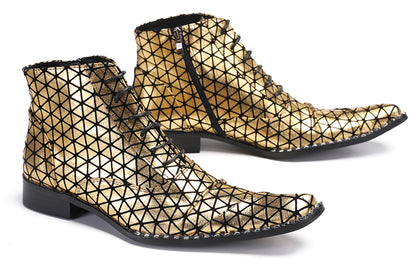Mens Genuine Leather Colorful Plaid Gold Cowboy Western Boots