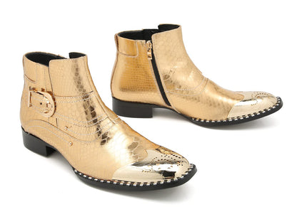Mens Genuine Leather Metal-Square Toe Snakeskin Texture Ankle Western Boots