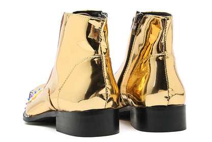 Mens Glossy Patent Leather Studded Zipper Ankle Western Oxfords Boots