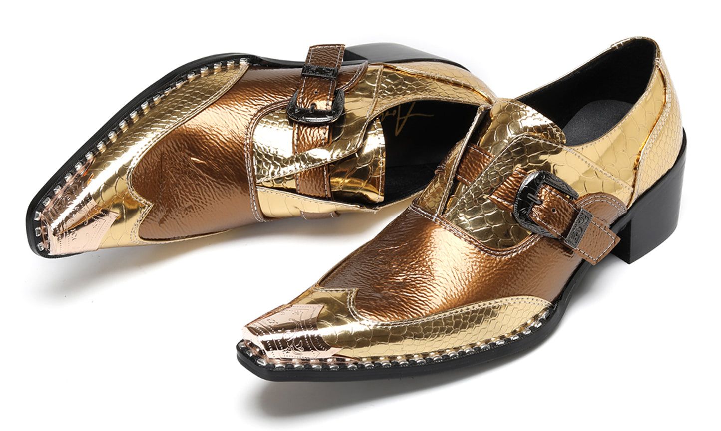 Mens Metal Toe Mocasines with Gold Buckle Western Loafers
