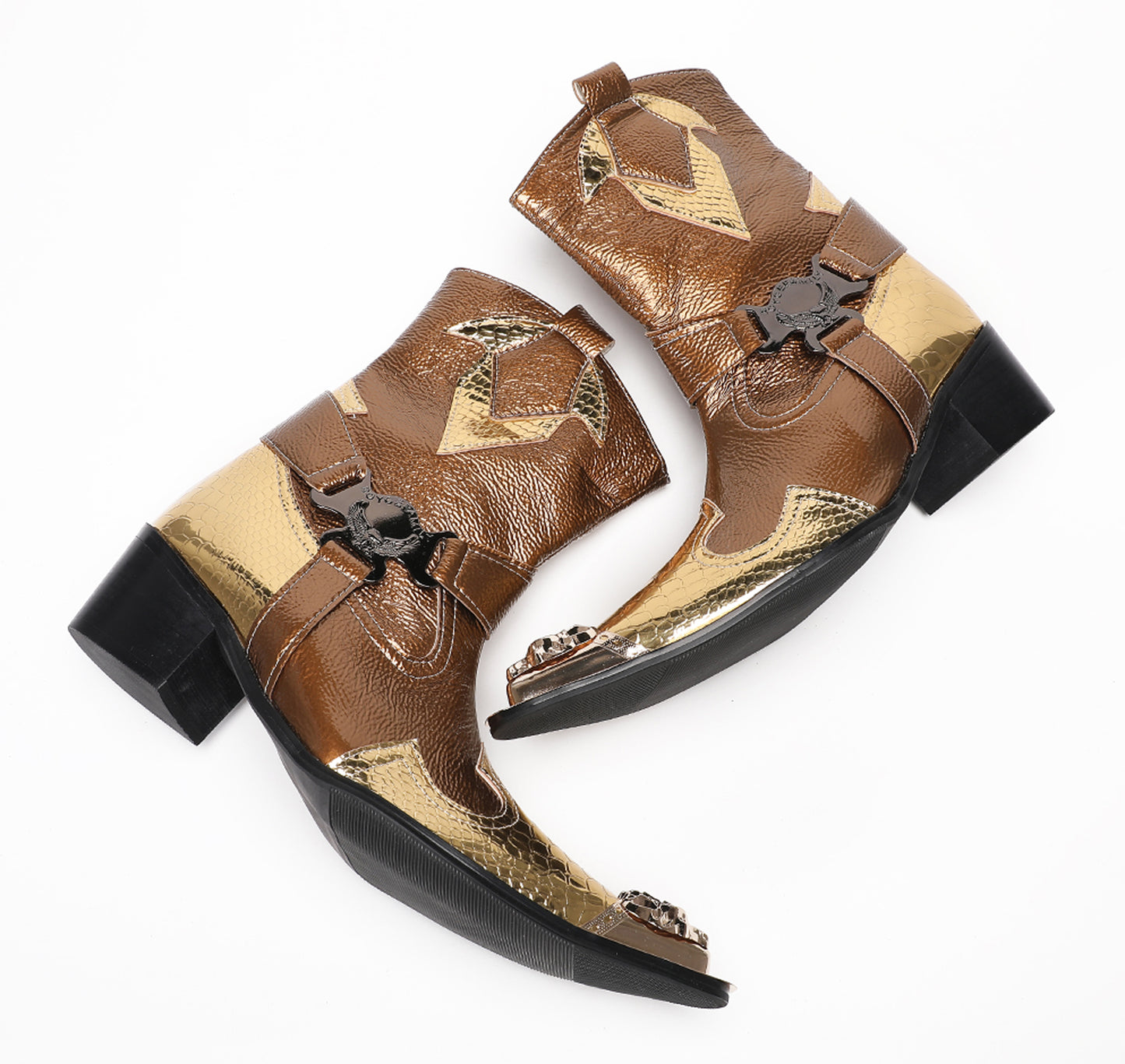 Mens Gold Metallic Leather O-Ring Chain Cowboy Western Boots