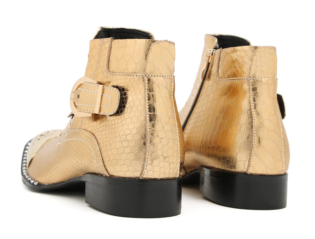 Mens Genuine Leather Metal-Square Toe Snakeskin Texture Ankle Western Boots