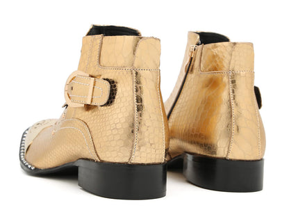 Mens Genuine Leather Metal-Square Toe Snakeskin Texture Ankle Western Boots