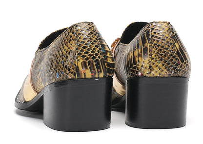 Mens Snakeskin Leather Metal Pointed Toe Chunky Heel Western Loafers