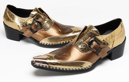 Mens Metal Toe Mocasines with Gold Buckle Western Loafers