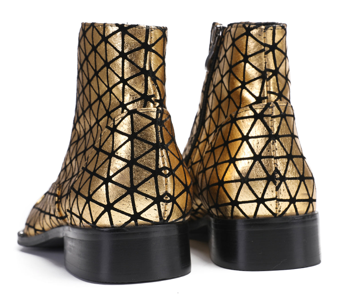 Mens Genuine Leather Colorful Plaid Gold Cowboy Western Boots