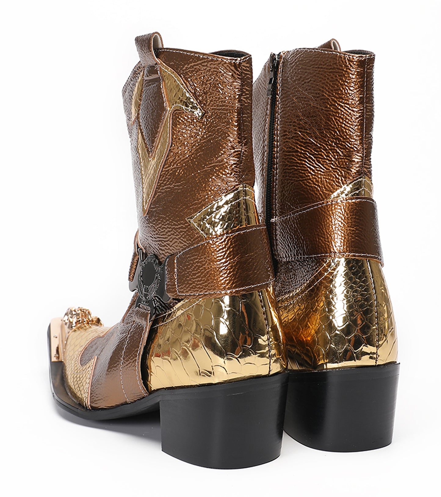 Mens Gold Metallic Leather O-Ring Chain Cowboy Western Boots