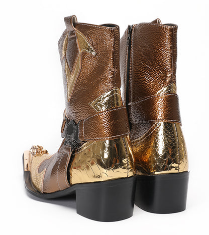 Mens Gold Metallic Leather O-Ring Chain Cowboy Western Boots