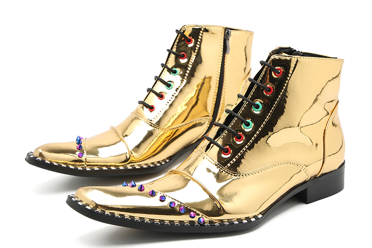 Mens Glossy Patent Leather Studded Zipper Ankle Western Oxfords Boots