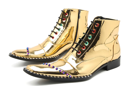 Mens Glossy Patent Leather Studded Zipper Ankle Western Oxfords Boots