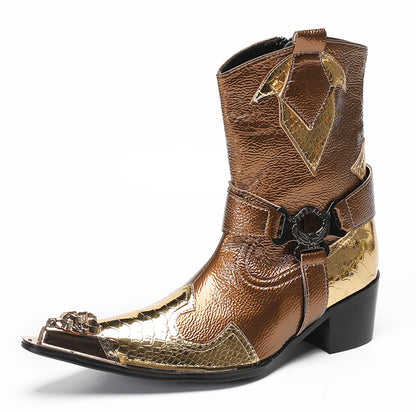 Mens Gold Metallic Leather O-Ring Chain Cowboy Western Boots