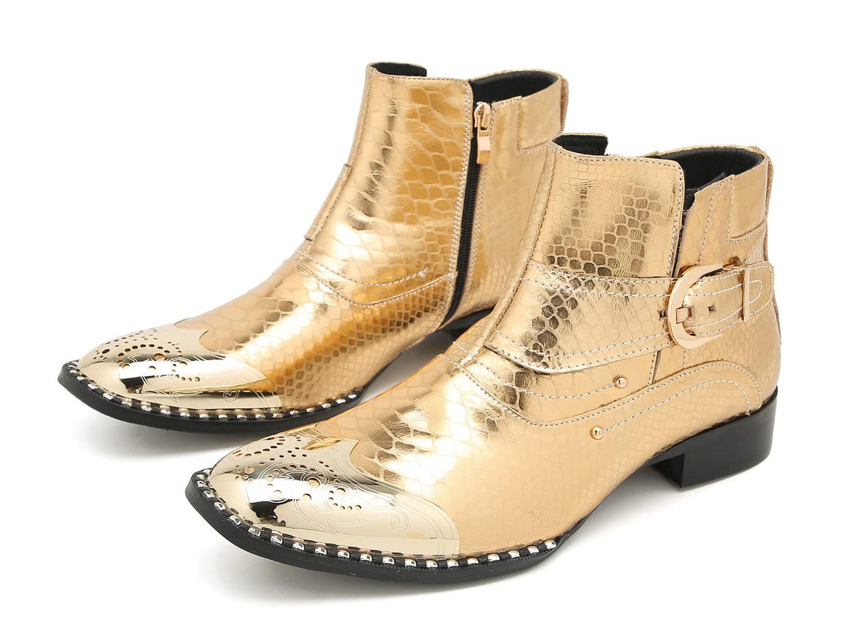 Mens Genuine Leather Metal-Square Toe Snakeskin Texture Ankle Western Boots