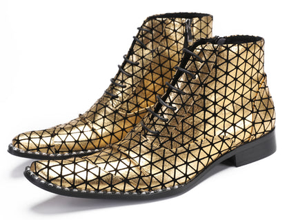 Mens Genuine Leather Colorful Plaid Gold Cowboy Western Boots