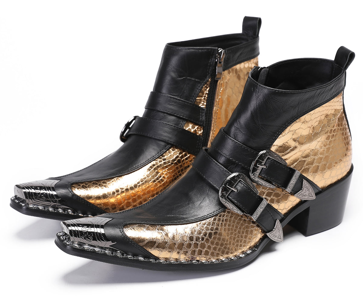 Mens Genuine Leather Double Buckle Rock Singer Ankle Western Boots