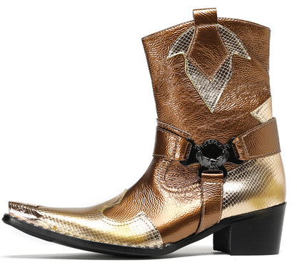 Mens Top-Grain Leather High Top Western Cowboy Boots