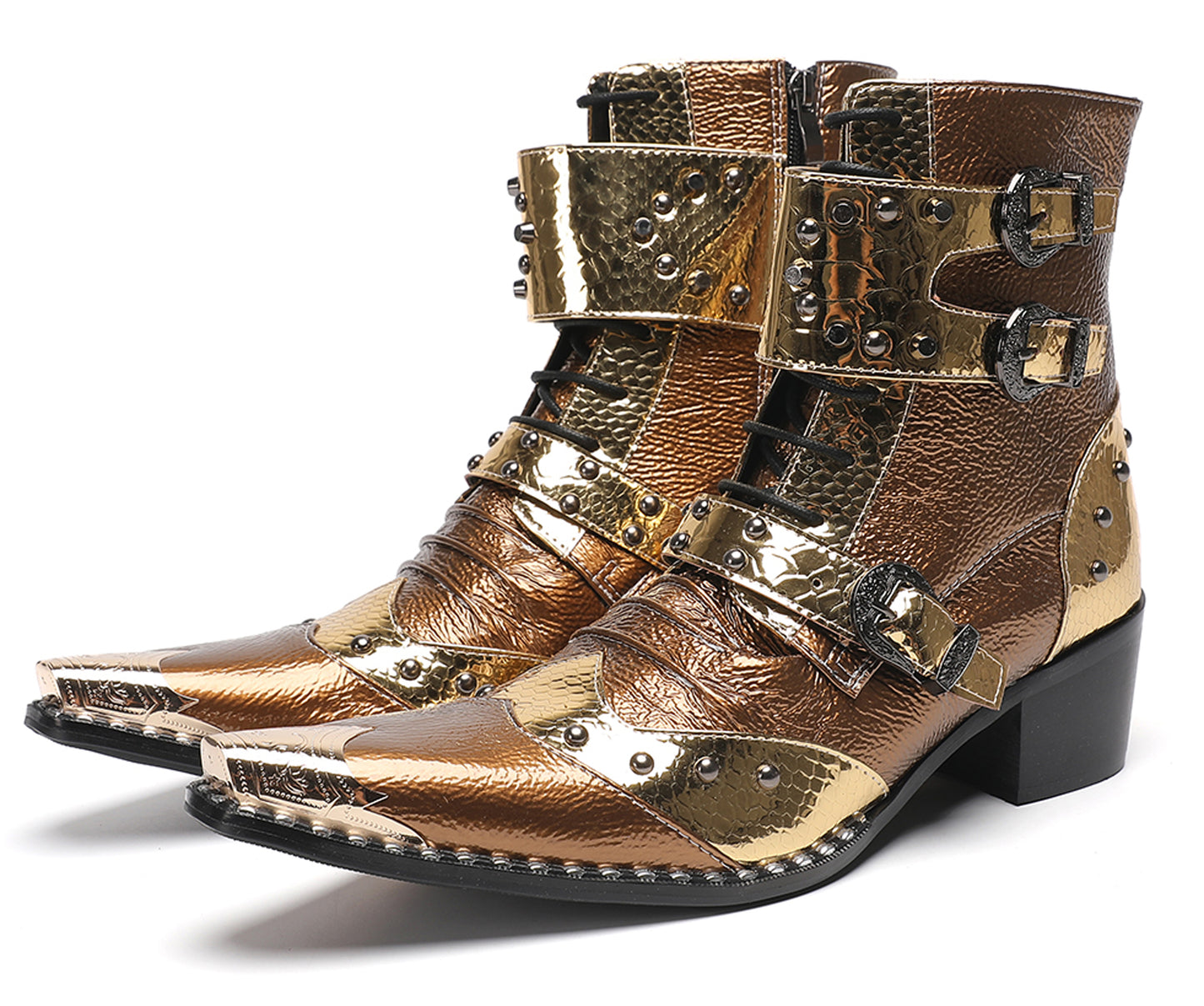 Mens Buckles Rivet Details Cowboy Western Boots