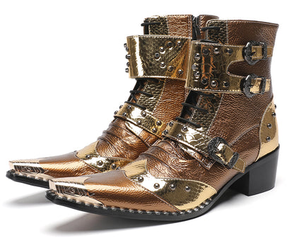 Mens Buckles Rivet Details Cowboy Western Boots