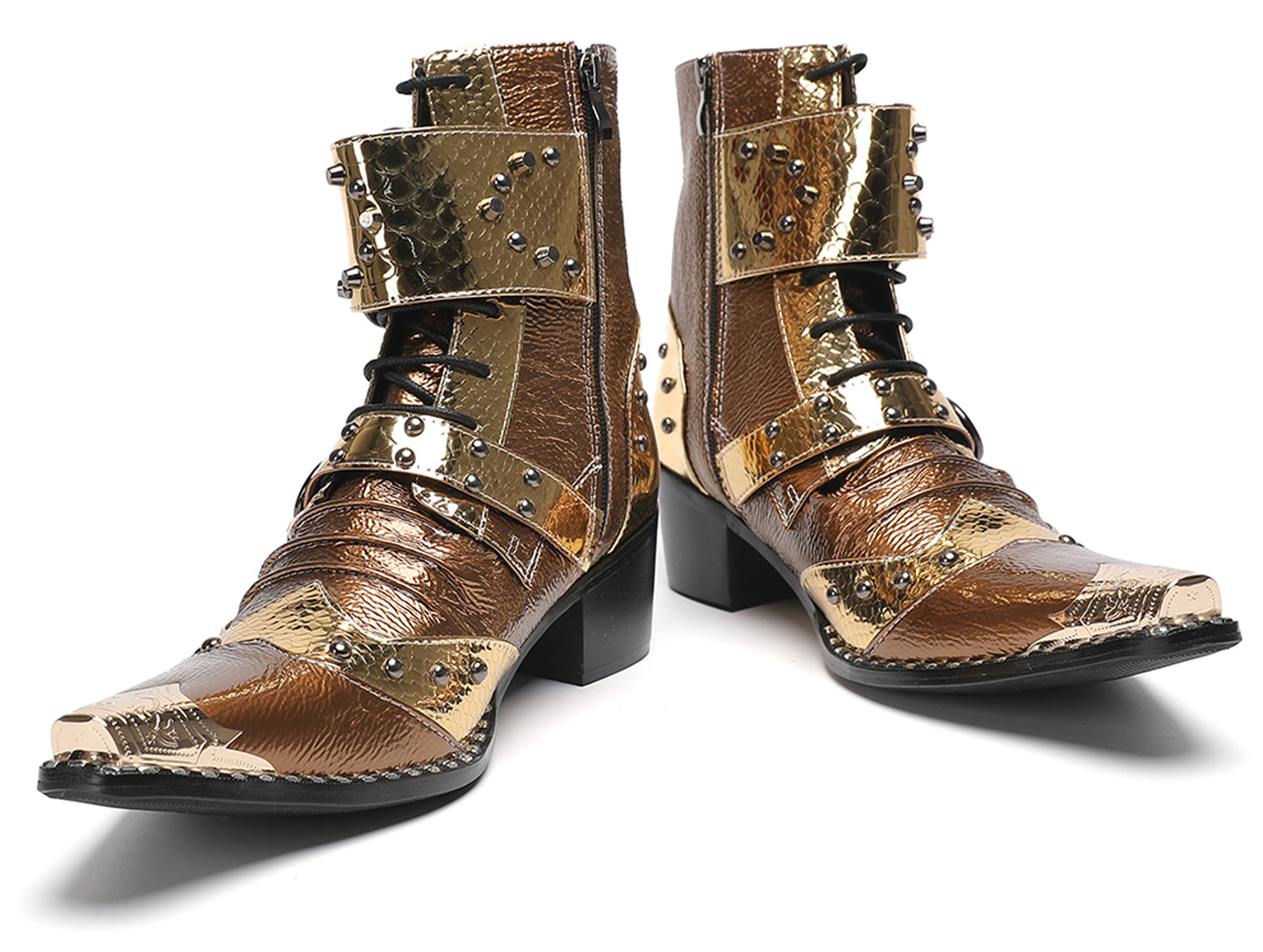 Mens Buckles Rivet Details Cowboy Western Boots