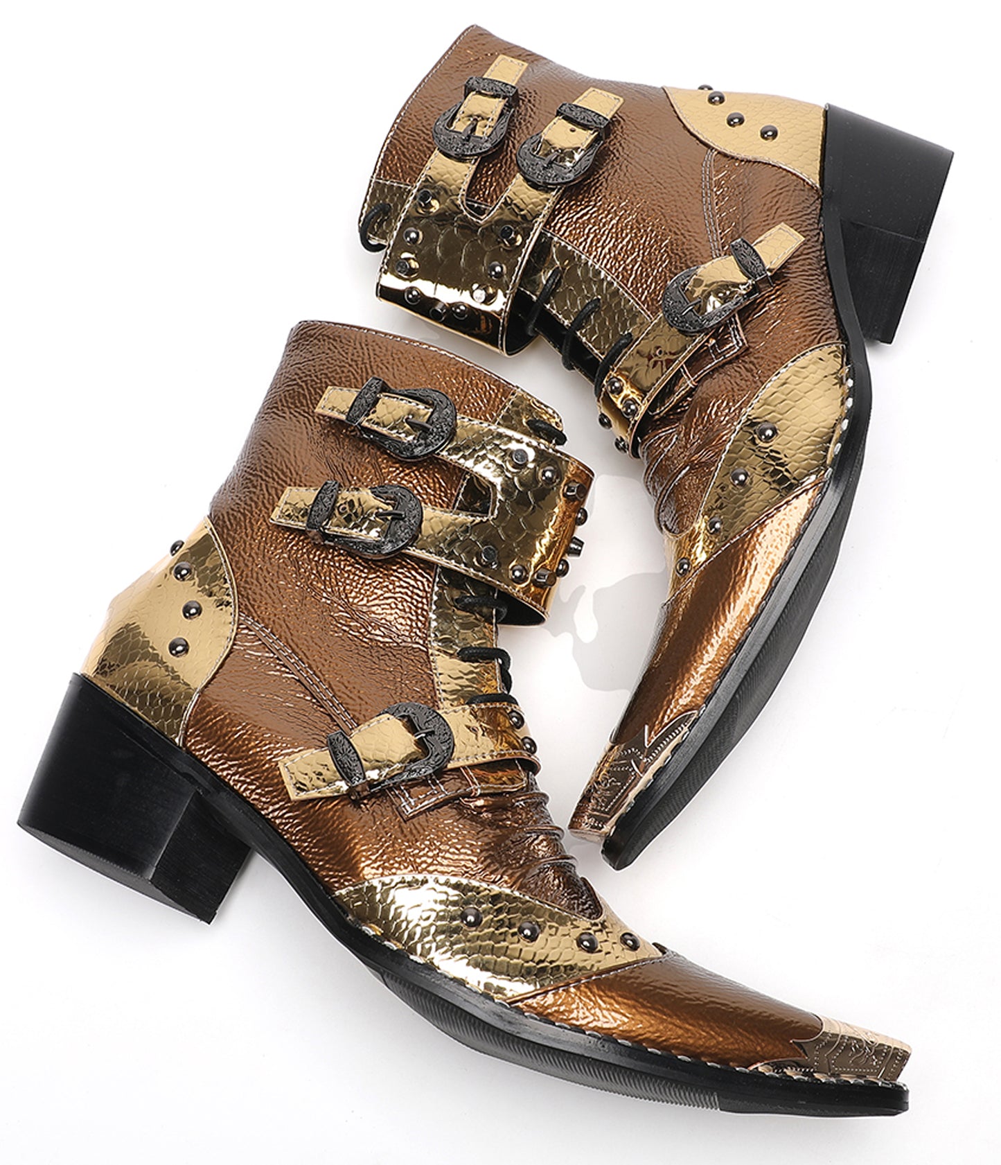 Mens Buckles Rivet Details Cowboy Western Boots