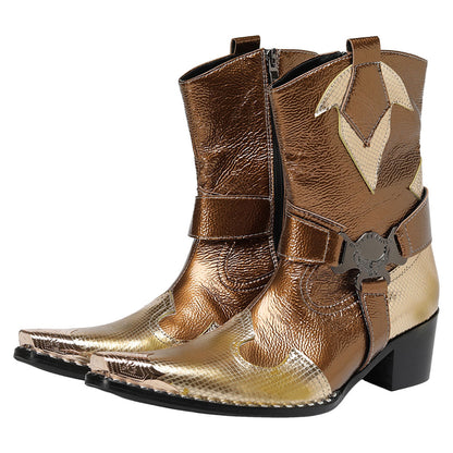 Mens Top-Grain Leather High Top Western Cowboy Boots