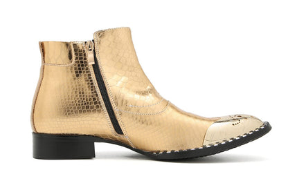 Mens Genuine Leather Metal-Square Toe Snakeskin Texture Ankle Western Boots