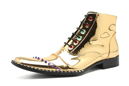 Mens Glossy Patent Leather Studded Zipper Ankle Western Oxfords Boots