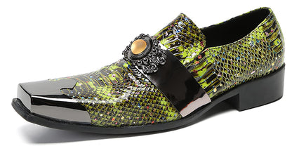 Mens Genunie Leather Slip On Yellow Gemstone Metal-Square Toe Western Loafers