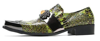 Mens Genunie Leather Slip On Yellow Gemstone Metal-Square Toe Western Loafers