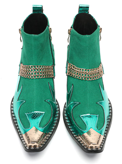 Mens Green Suede & Metal Toe Cap Cowboy Western Boots