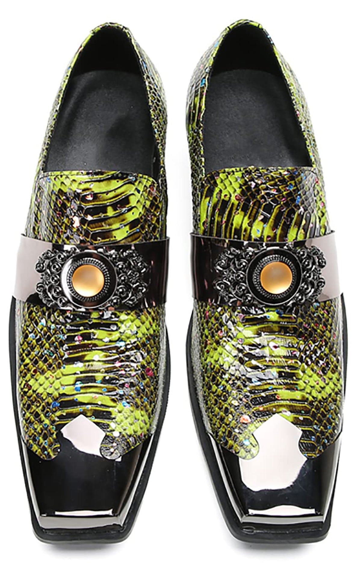 Mens Genunie Leather Slip On Yellow Gemstone Metal-Square Toe Western Loafers
