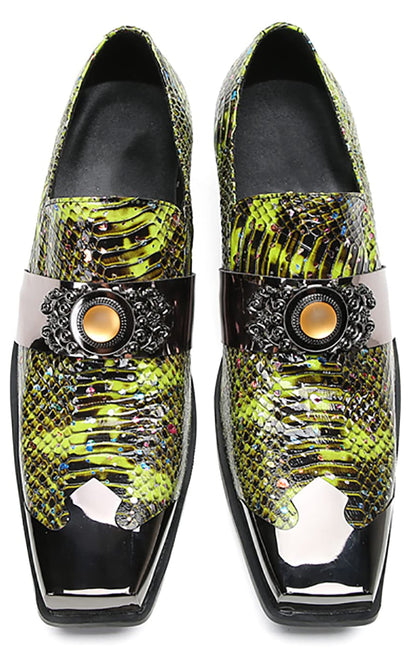 Mens Genunie Leather Slip On Yellow Gemstone Metal-Square Toe Western Loafers