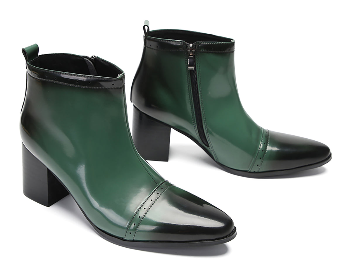 Mens Patent Leather Zipper On Side Mid Calf Heel Ankle Boots