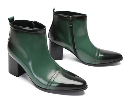 Mens Patent Leather Zipper On Side Mid Calf Heel Ankle Boots