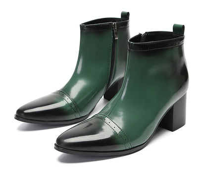 Mens Patent Leather Zipper On Side Mid Calf Heel Ankle Boots