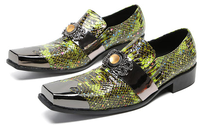 Mens Genunie Leather Slip On Yellow Gemstone Metal-Square Toe Western Loafers