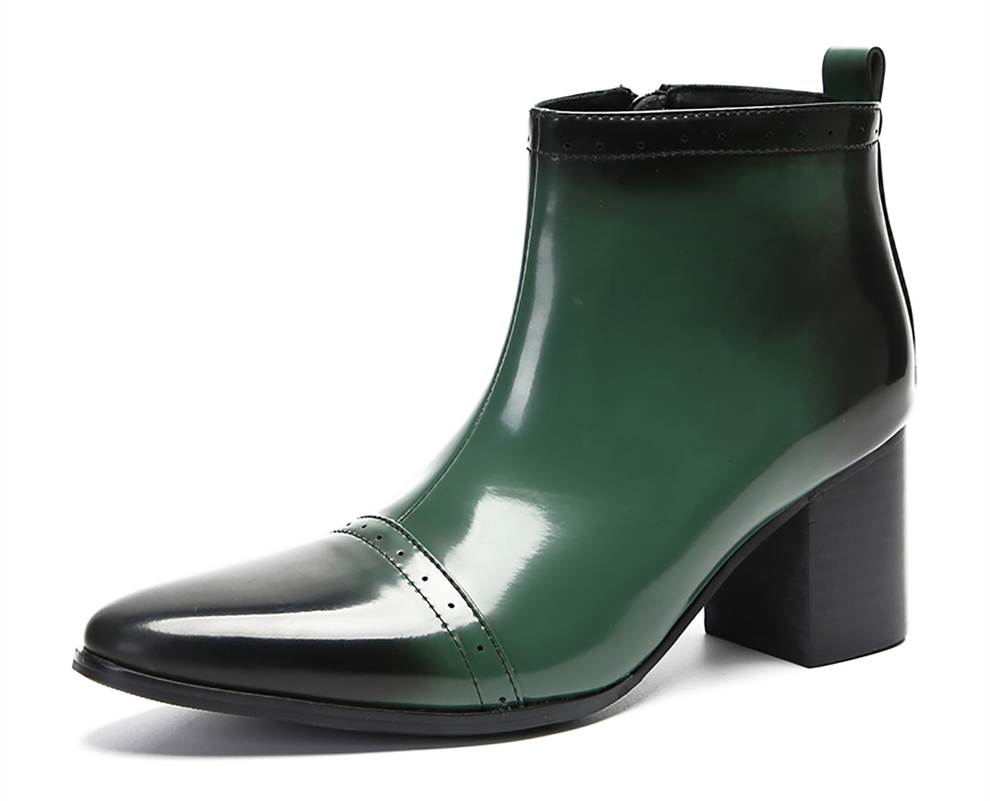 Mens Patent Leather Zipper On Side Mid Calf Heel Ankle Boots