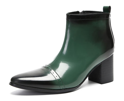 Mens Patent Leather Zipper On Side Mid Calf Heel Ankle Boots