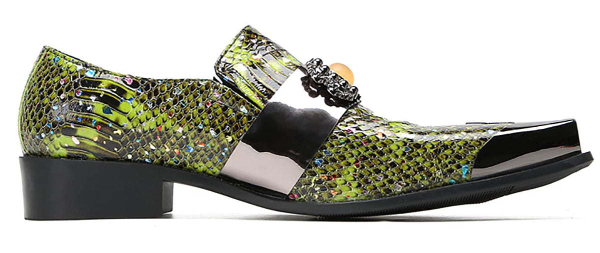 Mens Genunie Leather Slip On Yellow Gemstone Metal-Square Toe Western Loafers