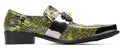 Mens Genunie Leather Slip On Yellow Gemstone Metal-Square Toe Western Loafers