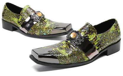 Mens Genunie Leather Slip On Yellow Gemstone Metal-Square Toe Western Loafers