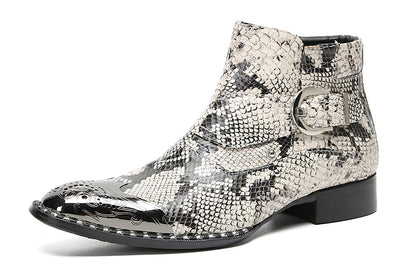 Mens Genuine Leather Metal-Square Toe Snakeskin Texture Ankle Western Boots