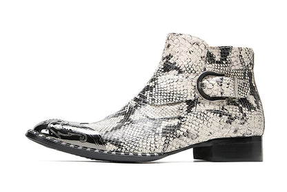 Mens Genuine Leather Metal-Square Toe Snakeskin Texture Ankle Western Boots