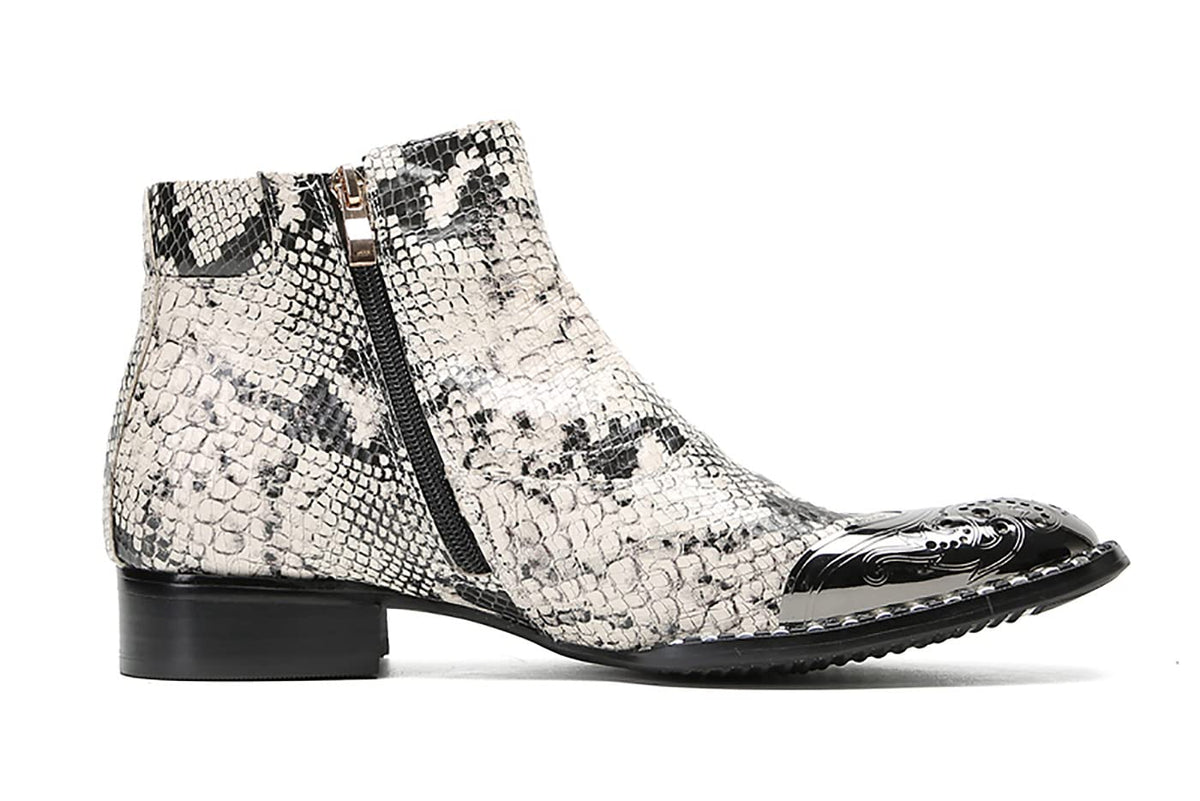 Mens Genuine Leather Metal-Square Toe Snakeskin Texture Ankle Western Boots