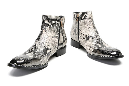 Mens Genuine Leather Metal-Square Toe Snakeskin Texture Ankle Western Boots