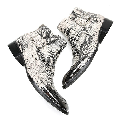Mens Genuine Leather Metal-Square Toe Snakeskin Texture Ankle Western Boots